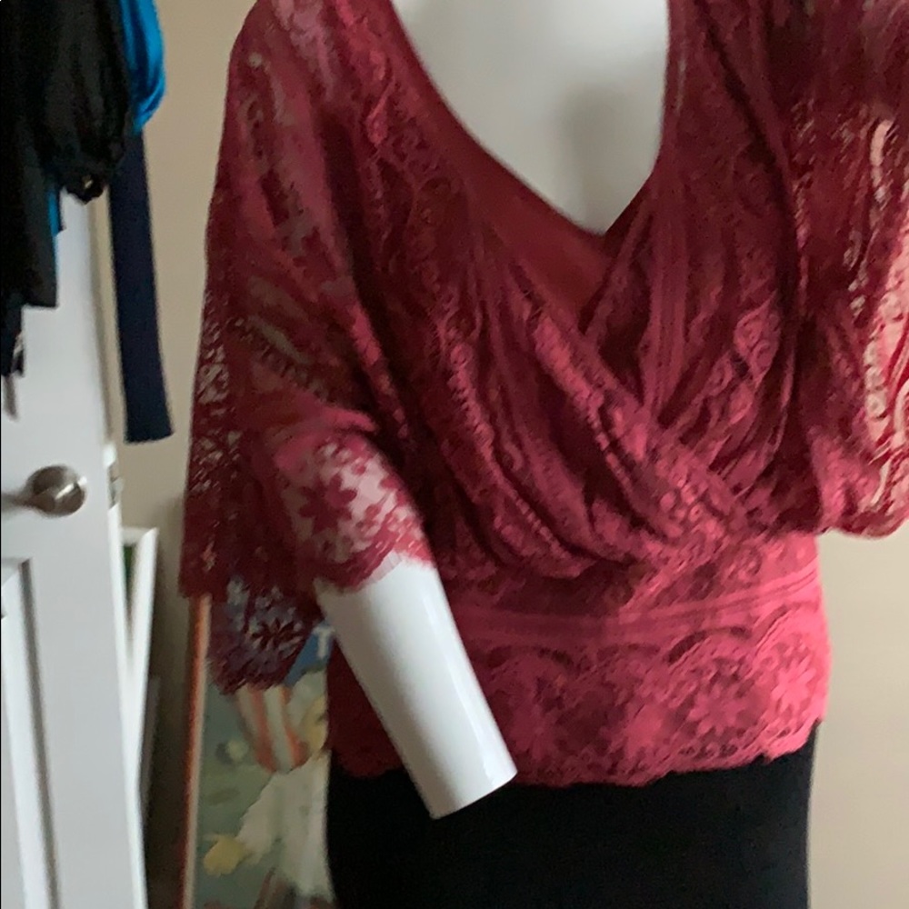 Beyond Vintage Mixed Floral & Geometric Lace Faux Wrap Fully Lined Cap Sleeve  S - Picture 10 of 16